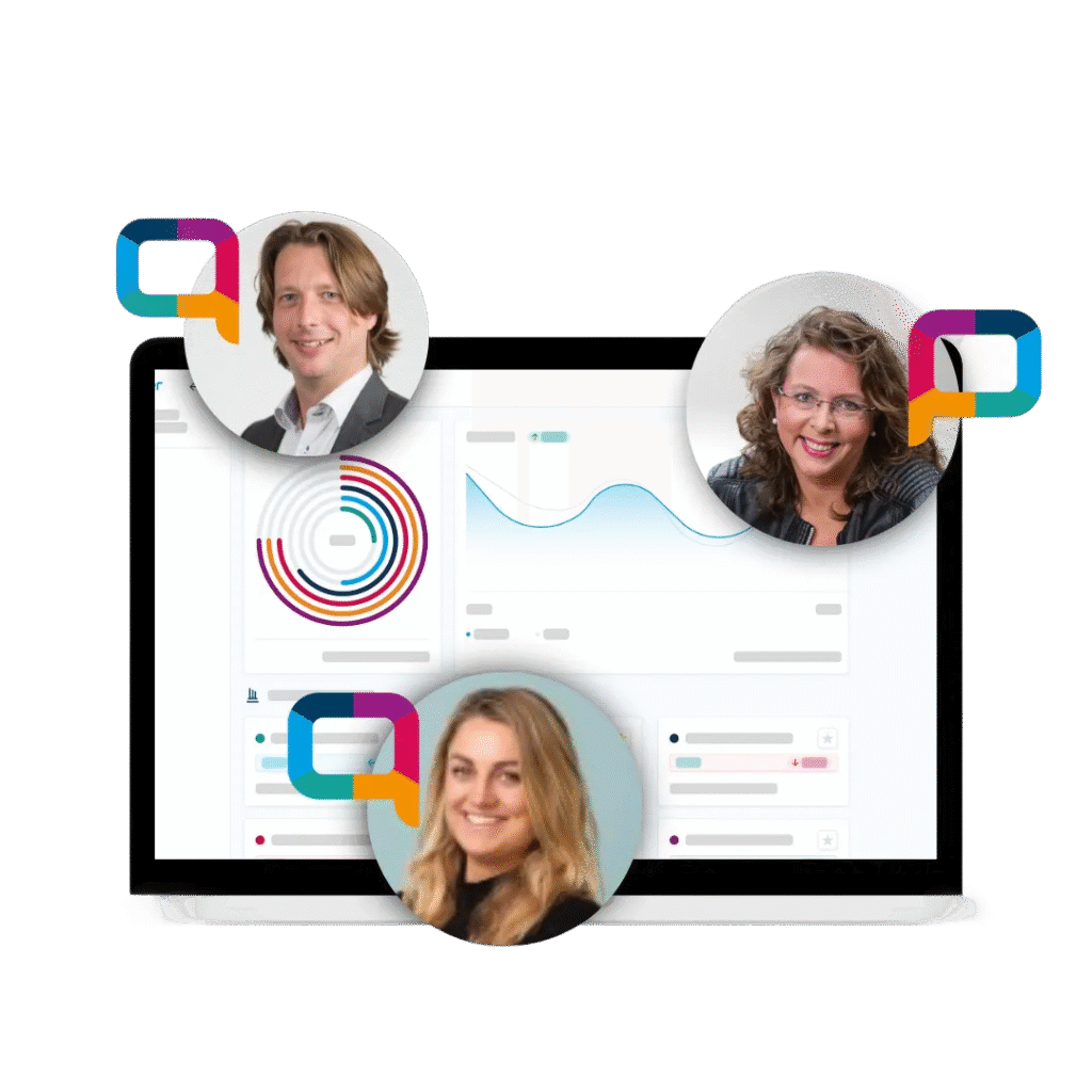 Afbeelding van een computerscherm met data-analyses en drie profielfoto’s van medewerkers met het logo van Prowise.
