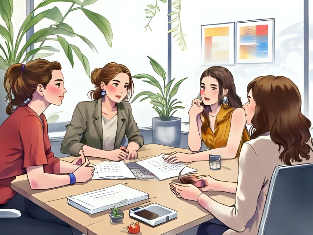 Vier vrouwen zitten samen aan een vergadertafel en bespreken documenten in een moderne kantoorruimte.