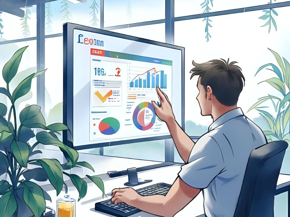 Man analyseert kleurrijke grafieken en data op een groot computerscherm in een modern, licht kantoor met veel planten.