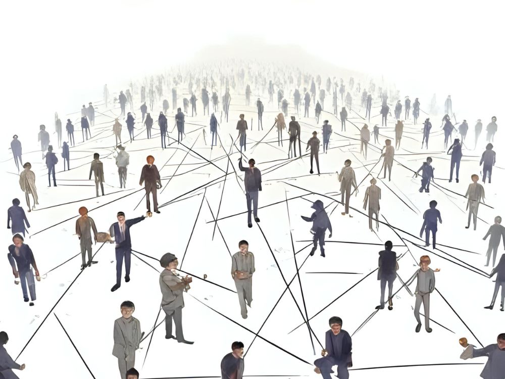 Illustration of a large network of people connected by lines, symbolizing communication and social connections.
