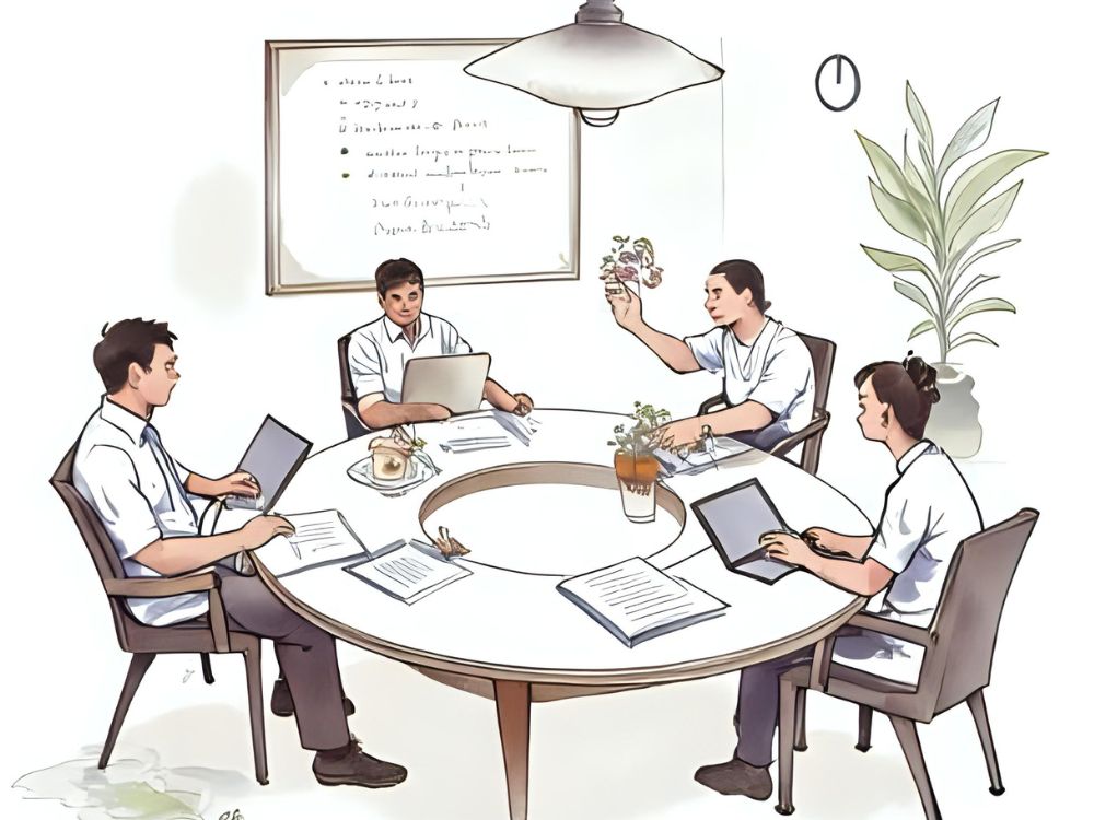 Four colleagues collaborate around a circular table, discussing social innovation strategies with laptops and documents.