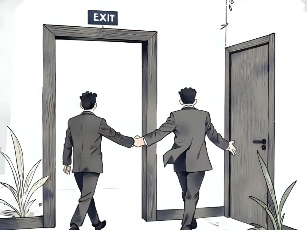 Zwei Geschäftsleute verlassen gemeinsam Hand in Hand ein Gebäude durch eine Tür mit der Aufschrift „Exit“.