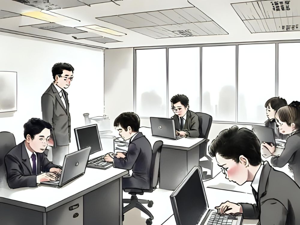Illustratie van een kantoorsituatie waarin meerdere collega’s in pak geconcentreerd op hun laptops werken, passend bij sociale innovatie en strategieën voor een betere organisatiecultuur.