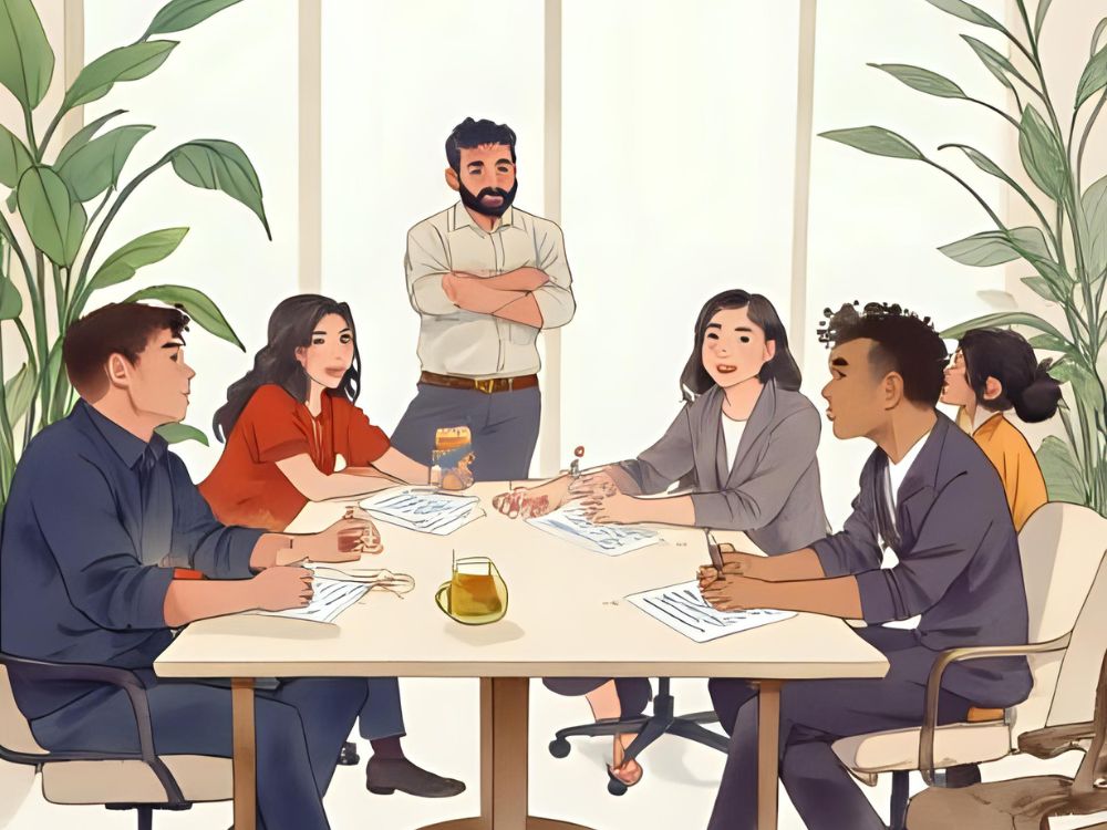 Zes collega’s overleggen rond een tafel over strategieën voor sociale innovatie en een betere organisatiecultuur.