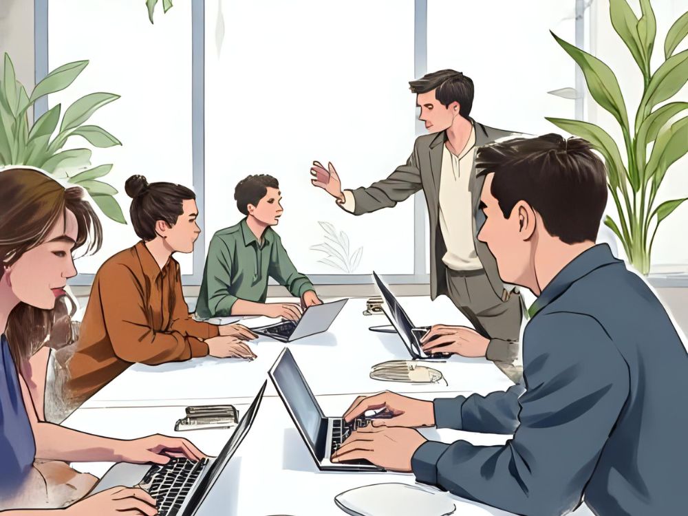 Een team bespreekt strategieën voor sociale innovatie rond een vergadertafel met laptops in een moderne kantoorruimte.
