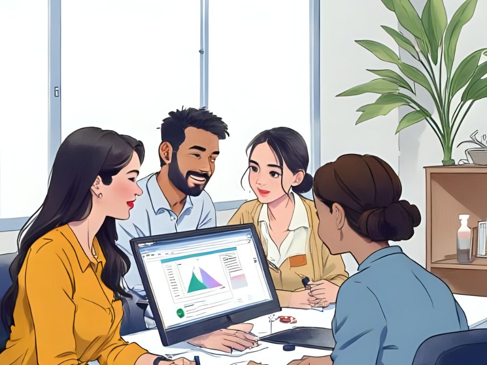 Vier collega’s overleggen samen rond een computerscherm over strategieën voor sociale innovatie en organisatiecultuur.