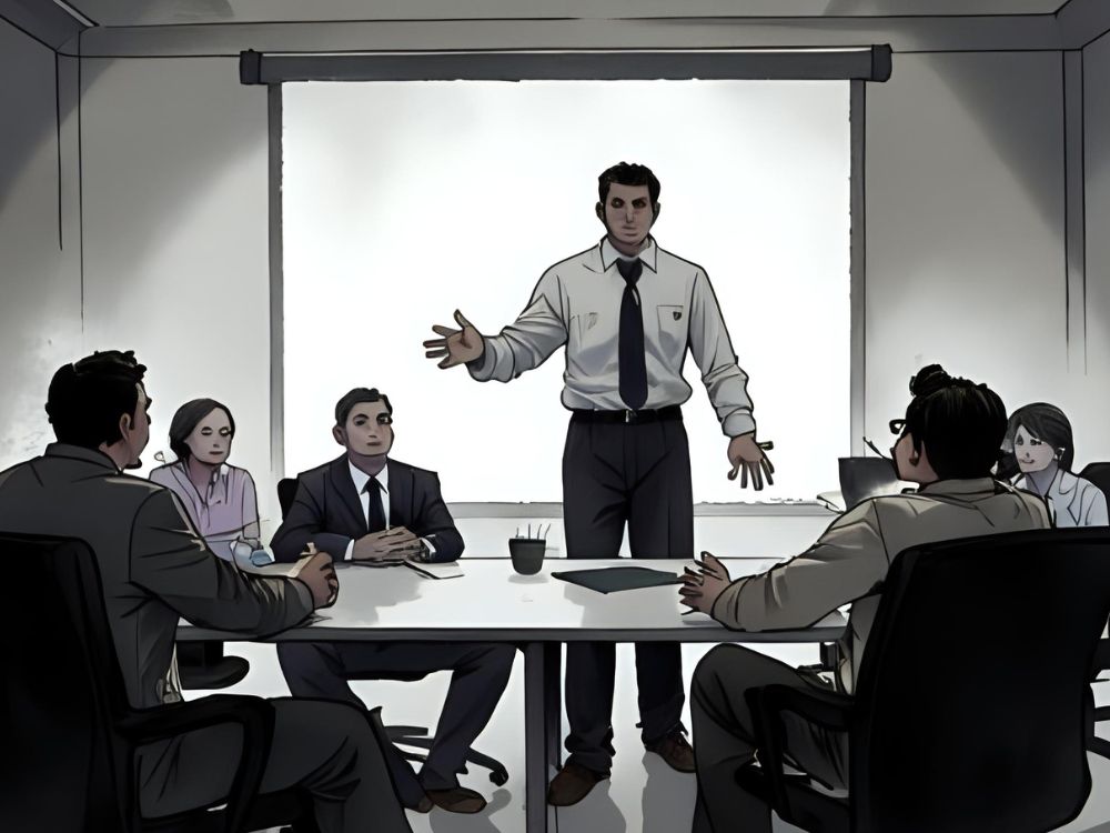 Een man geeft een presentatie aan collega's tijdens een vergadering over sociale innovatie en organisatiecultuur.