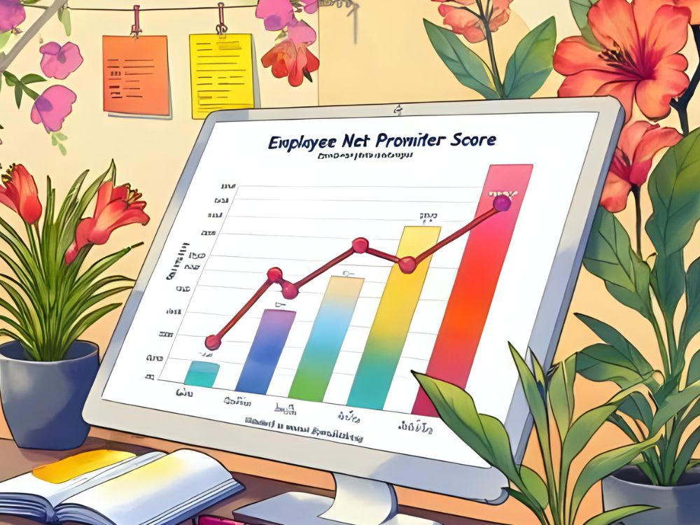 Monitor op een bureau toont een kleurrijke grafiek met stijgende Employee Net Promoter Score (ENPS) tussen planten en kantoorbenodigdheden.