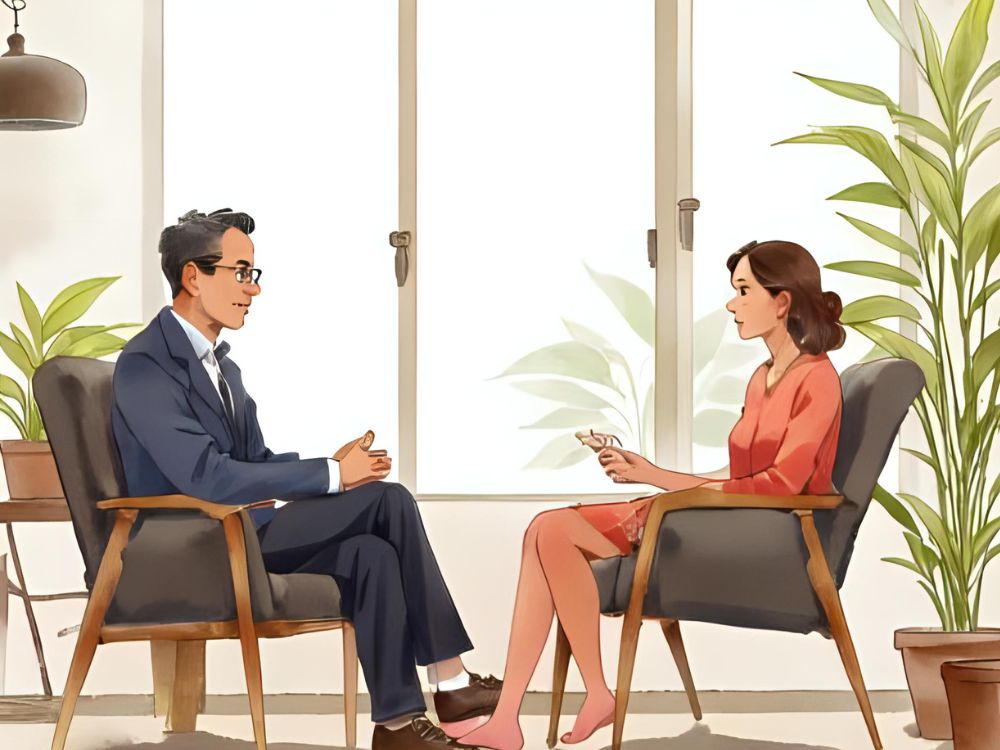 Twee collega's voeren een gesprek in een lichte, groene kantooromgeving over sociale innovatie en organisatiecultuur.