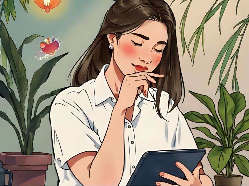 Illustratie van een vrouw die nadenkend op een tablet kijkt in een groene kantooromgeving.