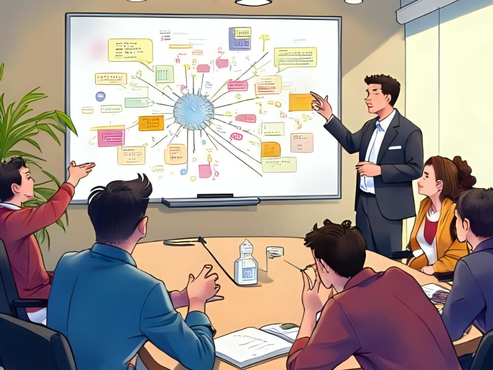 Geschäftspräsentation eines Mannes vor einem Team mit einer Mindmap zur EVP-17 auf einem Whiteboard.