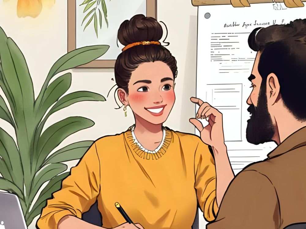Illustratie van een vrouw en een man in gesprek tijdens een onboarding-sessie op kantoor, met een flip-over en laptop op de achtergrond.