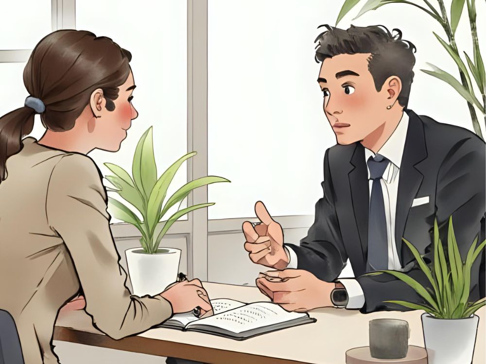 Twee mensen voeren een serieus gesprek aan een bureau met een open notitieboek en planten op de achtergrond.