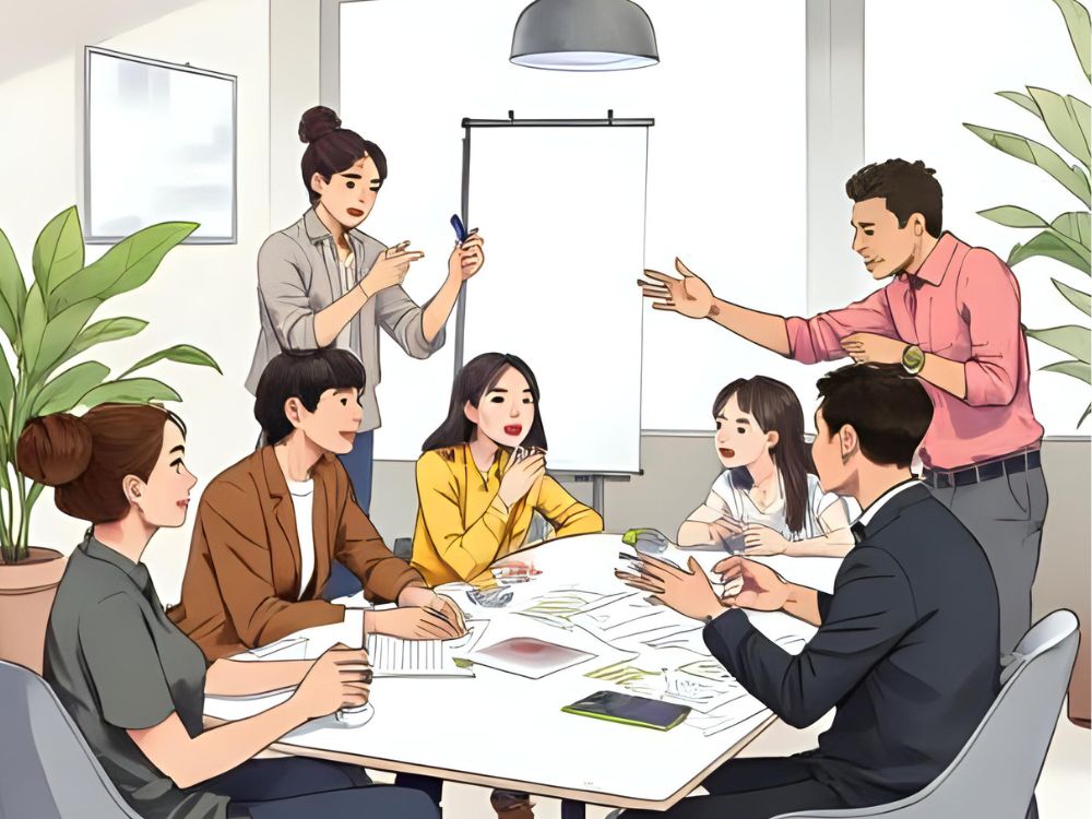 Illustratie van een groep jonge professionals die samenwerken aan een project rond een vergadertafel met een flip-over.