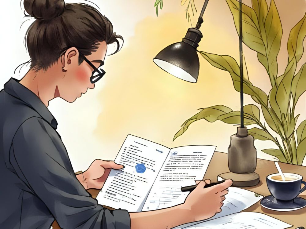 Eine Frau liest unter einer Lampe ein Dokument über die Kosten einer Mitarbeiterbefragung.