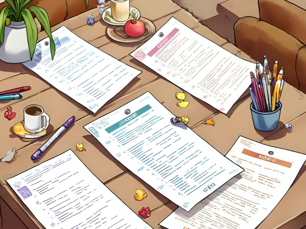 A table with several colorful MTO example questionnaires spread out, surrounded by pens, a coffee cup, and stationery.