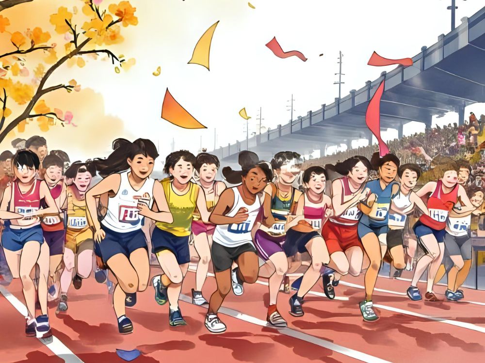 Illustratie van een grote groep kinderen die een hardloopwedstrijd begint op een atletiekbaan tijdens een sportevenement.