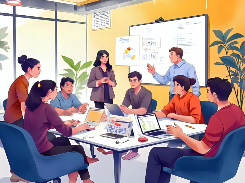 Ein Team bespricht neue Software-Updates in einem modernen Konferenzraum.
