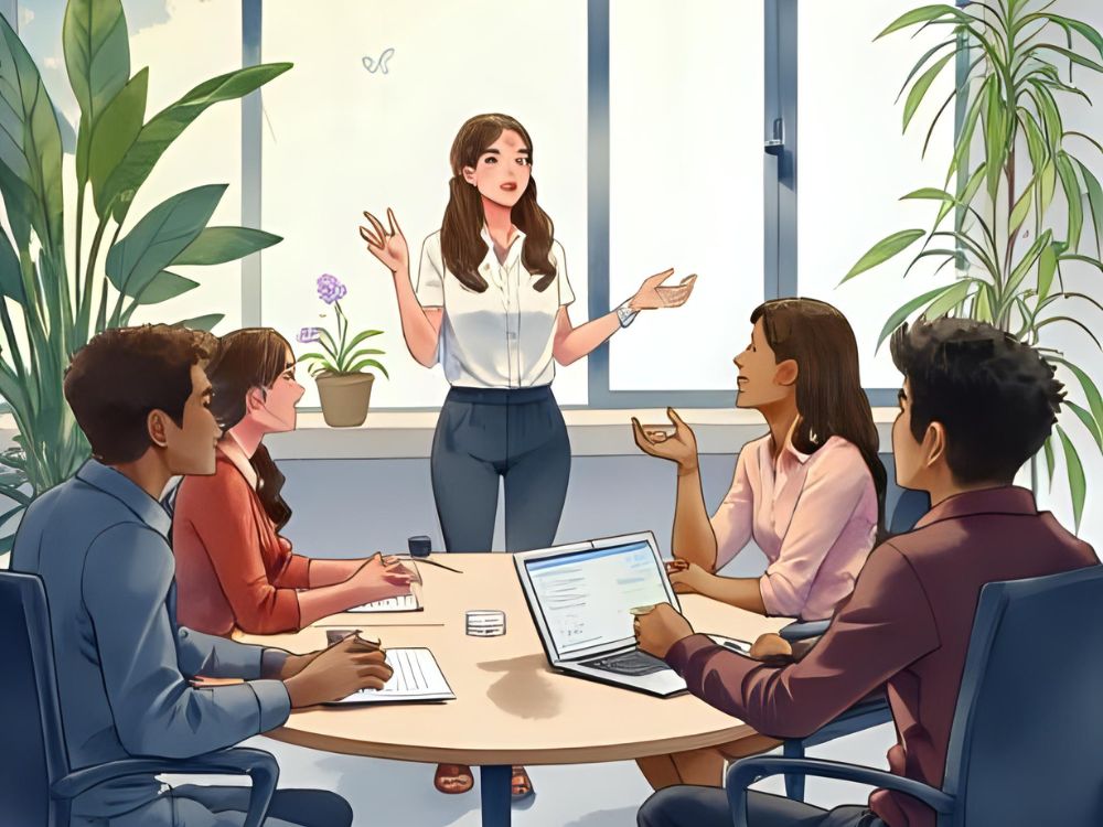 Een vrouw presenteert de HR20visie 2020-2025 aan vier collega's tijdens een vergadering in een modern kantoor met veel planten.