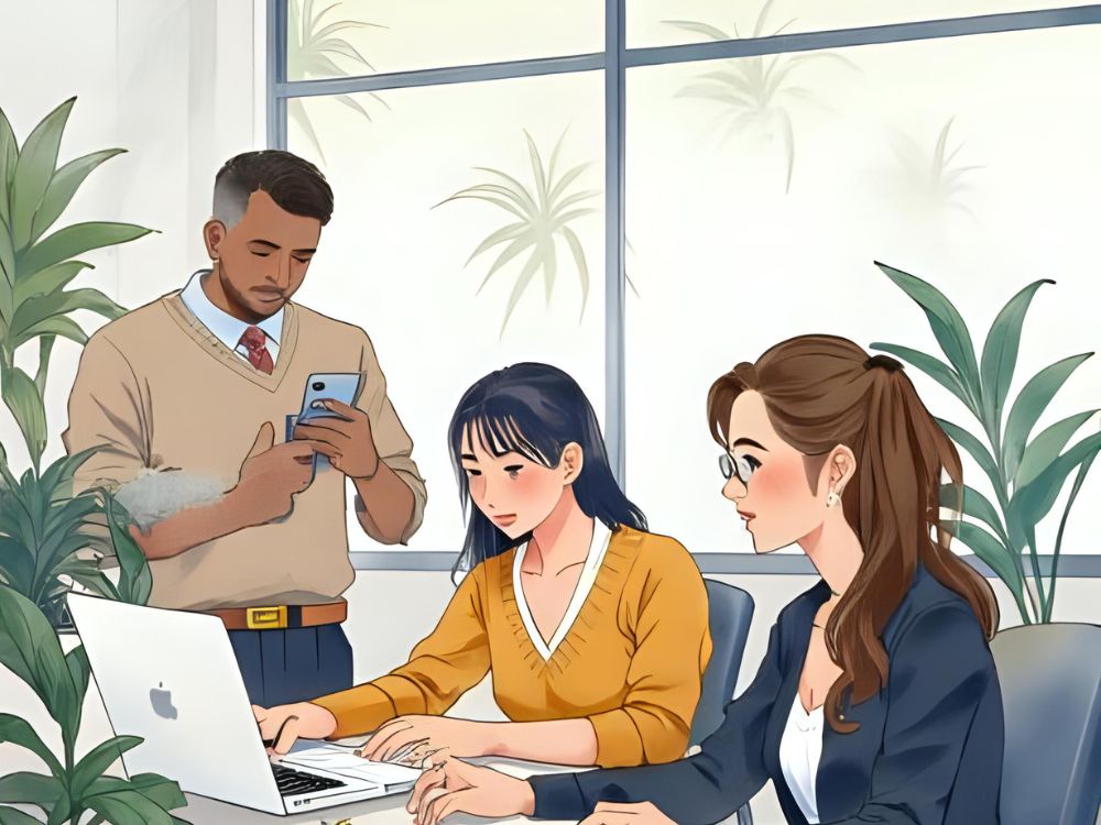 Three colleagues collaborate in a modern office setting, with two working on a laptop and one checking a smartphone.