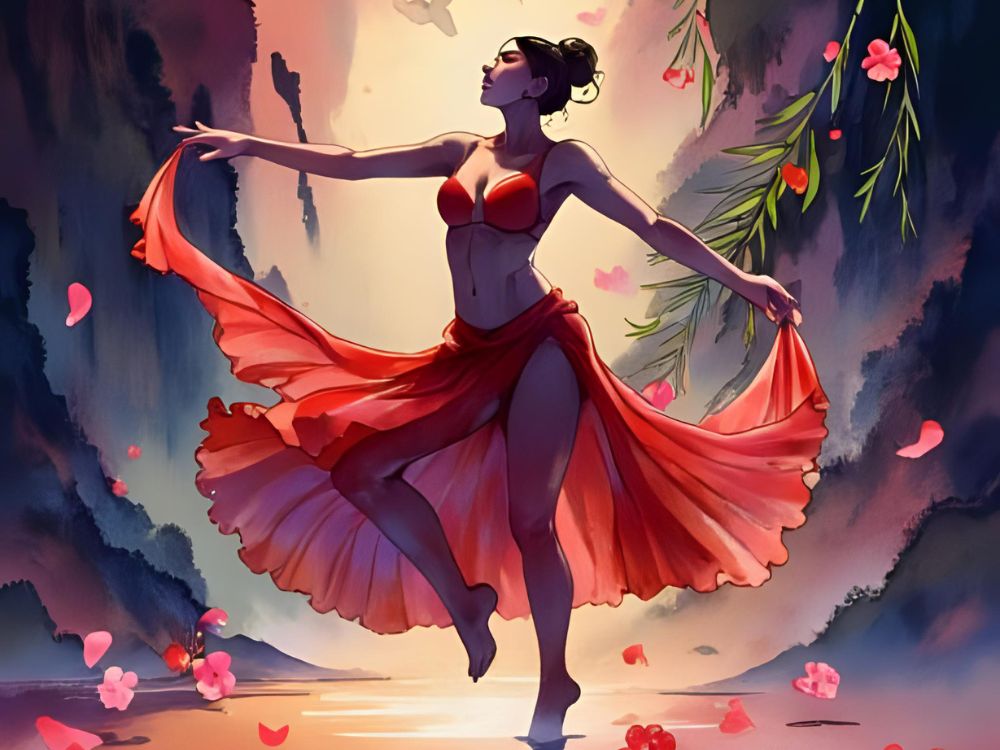 A woman in a flowing red outfit dances gracefully in a serene, flower-filled canyon illuminated by soft sunlight.