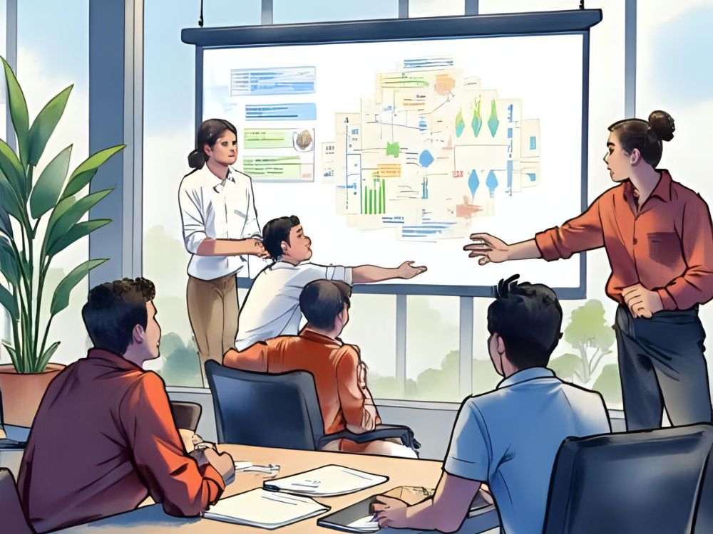 A team is engaged in a business meeting while one person presents data visuals on a large screen.