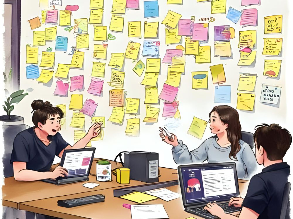 Drie collega's bespreken strategische personeelsplanning rond een tafel met laptops, voor een muur vol gekleurde post-its.