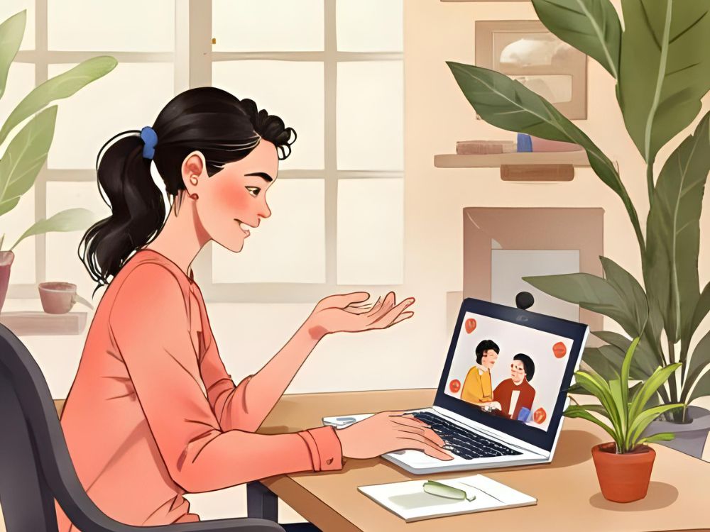 Vrouw voert een videogesprek op haar laptop in een huiselijke werkomgeving met planten op de achtergrond.