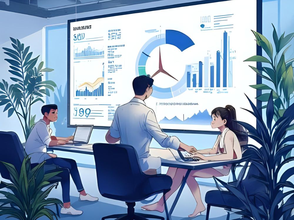 Drie mensen analyseren AI-gegevens op een groot scherm tijdens een HR-meeting over surveys, recruitment en ontwikkelingsplannen.