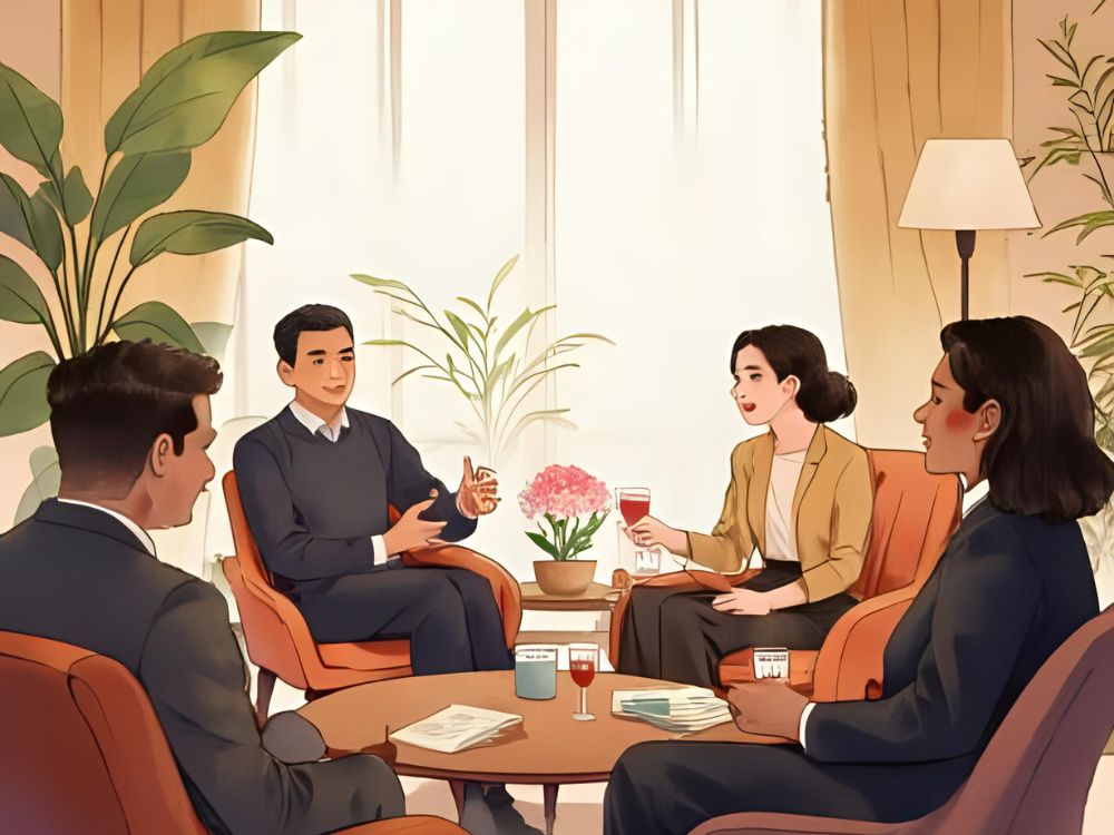 Four professionals engage in a relaxed conversation about psychological safety in a cozy, well-lit meeting room.
