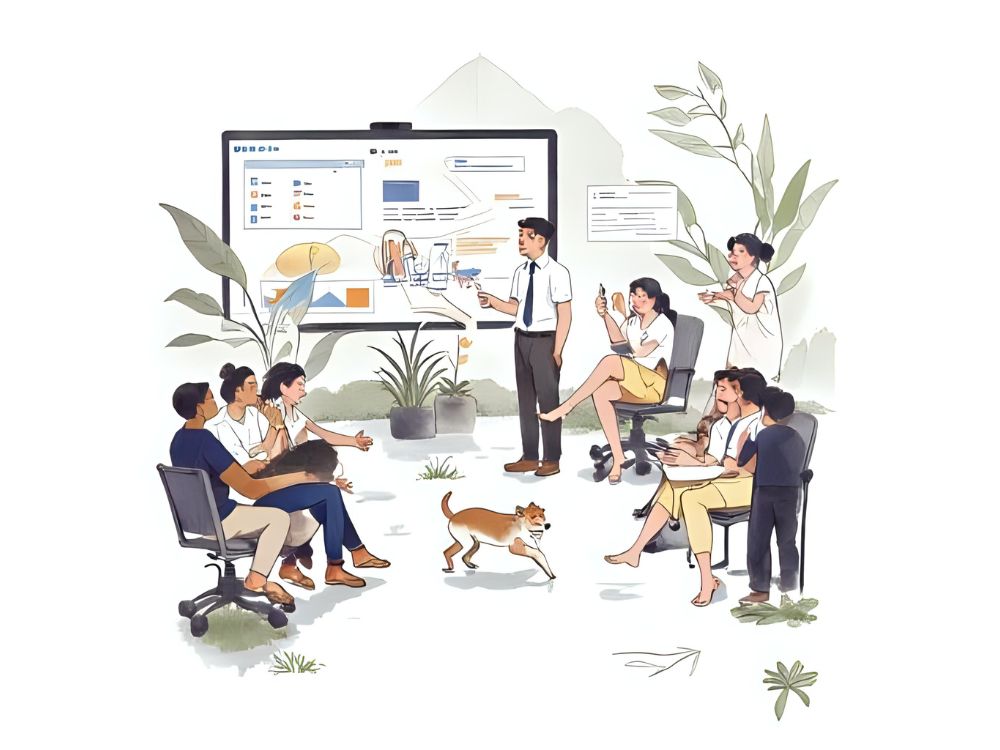 Een team van medewerkers bespreekt ideeën over employee experience 2024 in een informele vergadersetting met een groot presentatiescherm.
