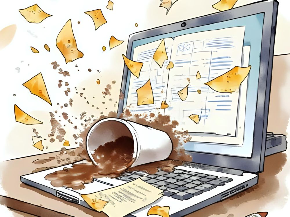 Illustratie van een omgevallen koffiebeker die over een laptop met een tevredenheidsonderzoek stroomt, omringd door rondslingerende formulieren en documenten.