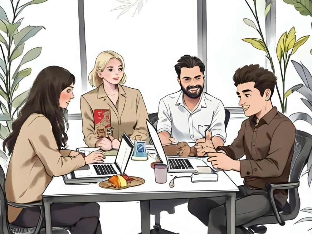 Vier Kollegen führen ein entspanntes Gespräch bei der Arbeit mit Laptops und Snacks in einem modernen Büro mit Pflanzen.