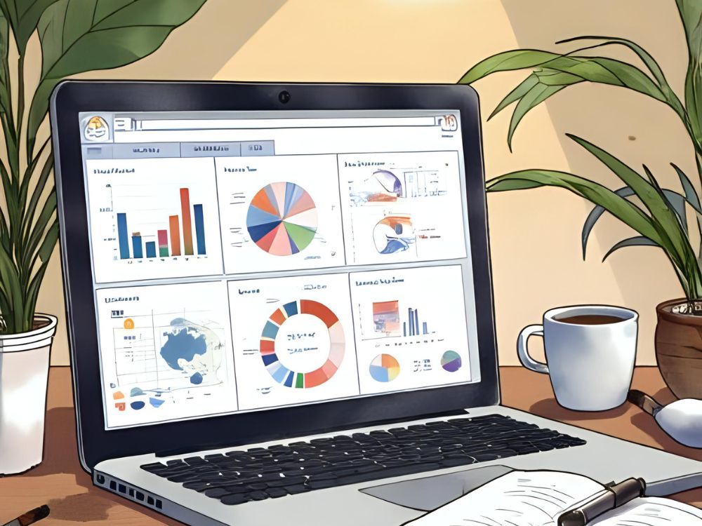 Laptop op een bureau met HR-dashboards vol grafieken en diagrammen op het scherm, omringd door planten, een notitieboek en een kop koffie.