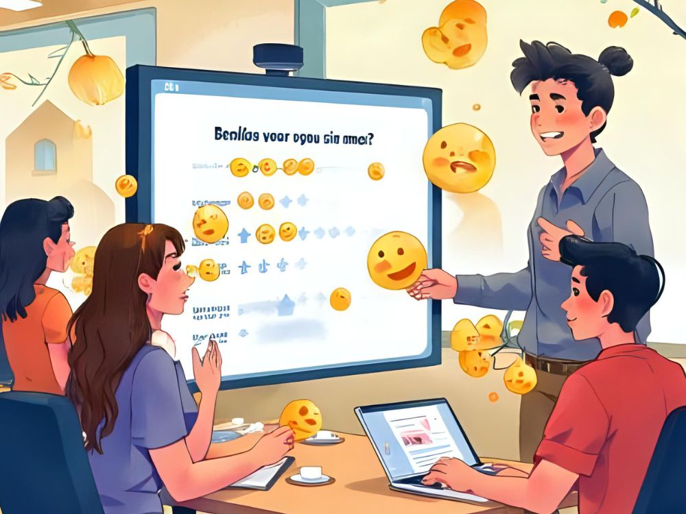 A group of people in a meeting room discuss survey results displayed on a screen filled with floating smiley face emojis.