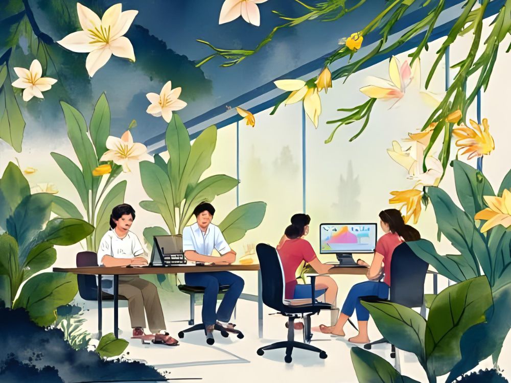 Illustratie van een creatieve werkomgeving waarin vier mensen samenwerken in een groen kantoor vol grote planten en bloemen, als visualisatie van sociale innovatie en organisatiecultuur.
