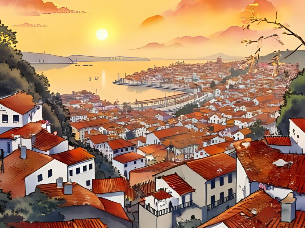 Illustratieve afbeelding van een zonsondergang boven een kuststad met witrode huizen, gezien vanaf een heuvel.