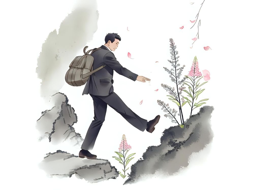 Illustratie van een man in pak met rugzak die een stap maakt tussen twee rotspunten met bloeiende planten, symbool voor inzicht in verloop en de rol van AI.