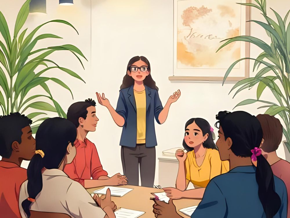 Vrouw geeft een presentatie aan een diverse groep collega's tijdens een teamvergadering over goed werkgeverschap.