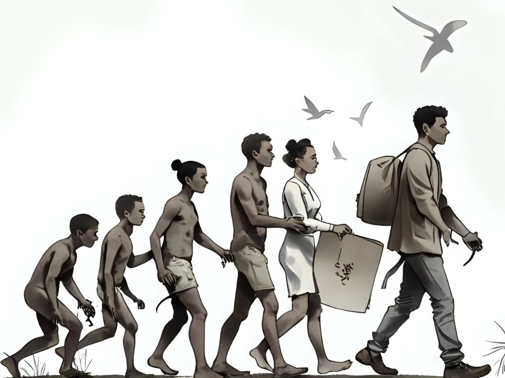 Ilustración que representa la evolución humana desde la prehistoria hasta la era moderna.
