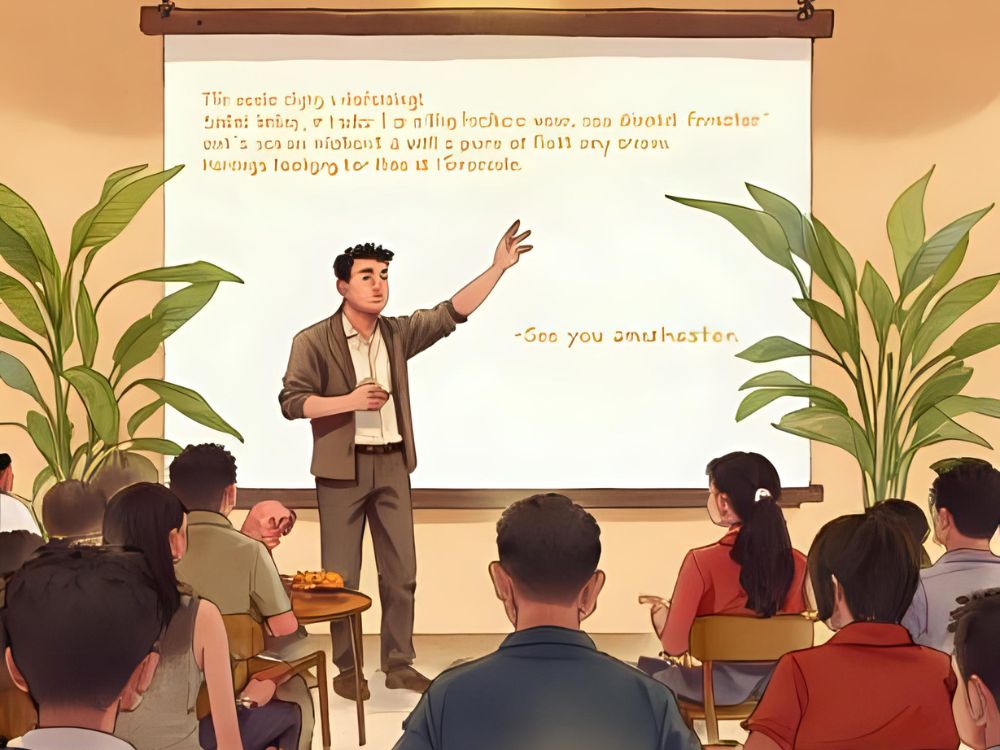 Hombre dando una presentación sobre innovación social frente a un grupo de personas en una sala con plantas.