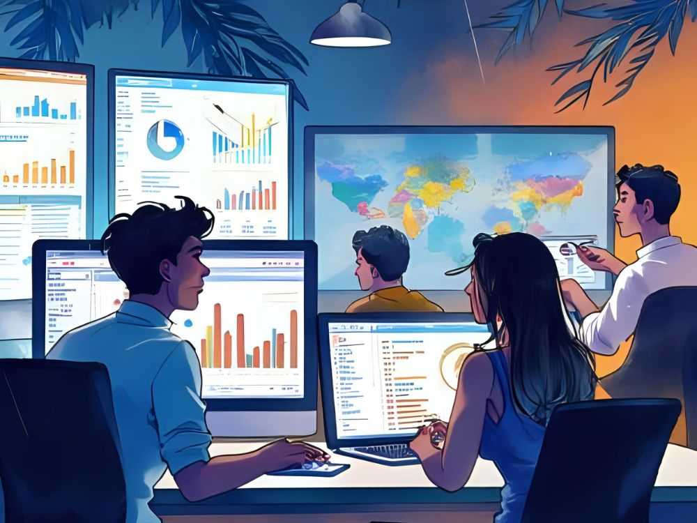 Un equipo de analistas trabaja con múltiples pantallas que muestran gráficos y datos para predecir la rotación de personal mediante People Analytics.