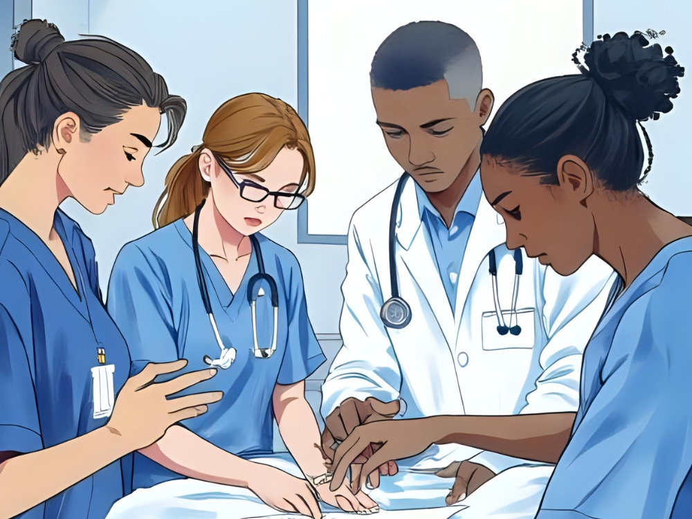 Grupo de profesionales médicos concentrados trabajando juntos en un procedimiento clínico.
