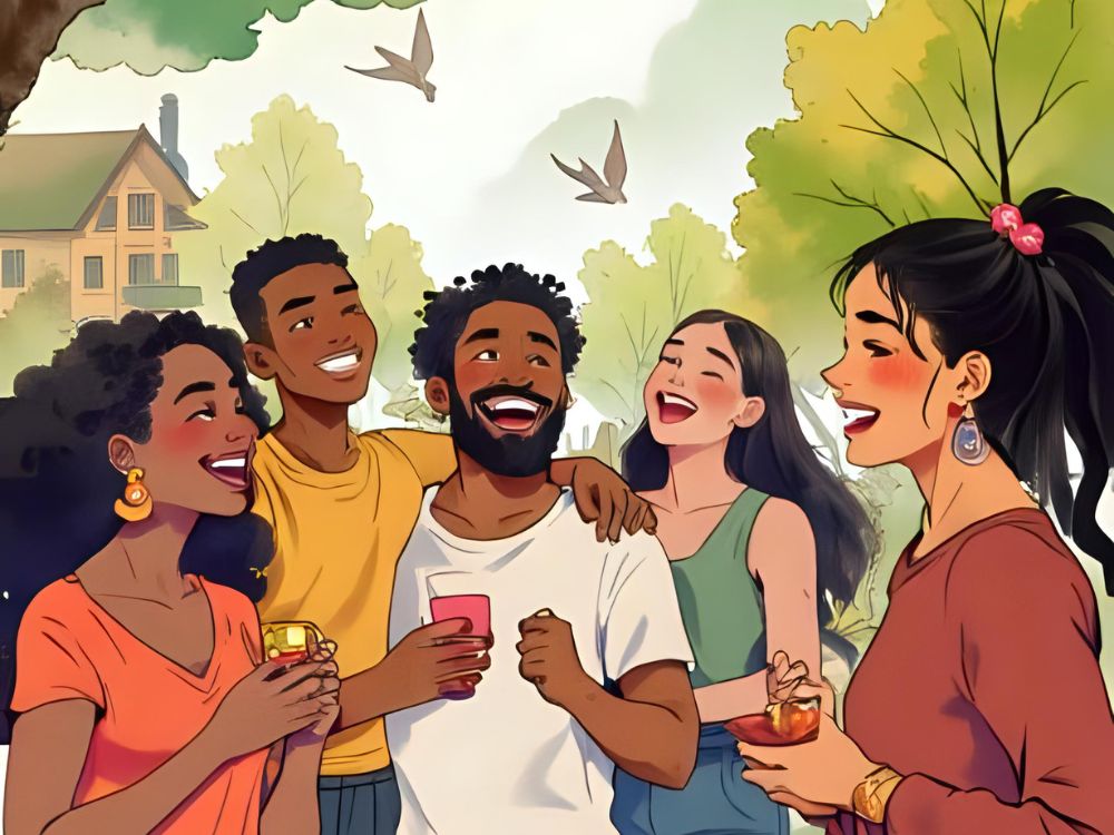 Un grupo diverso de personas ríe y conversa alegremente al aire libre en un entorno natural.