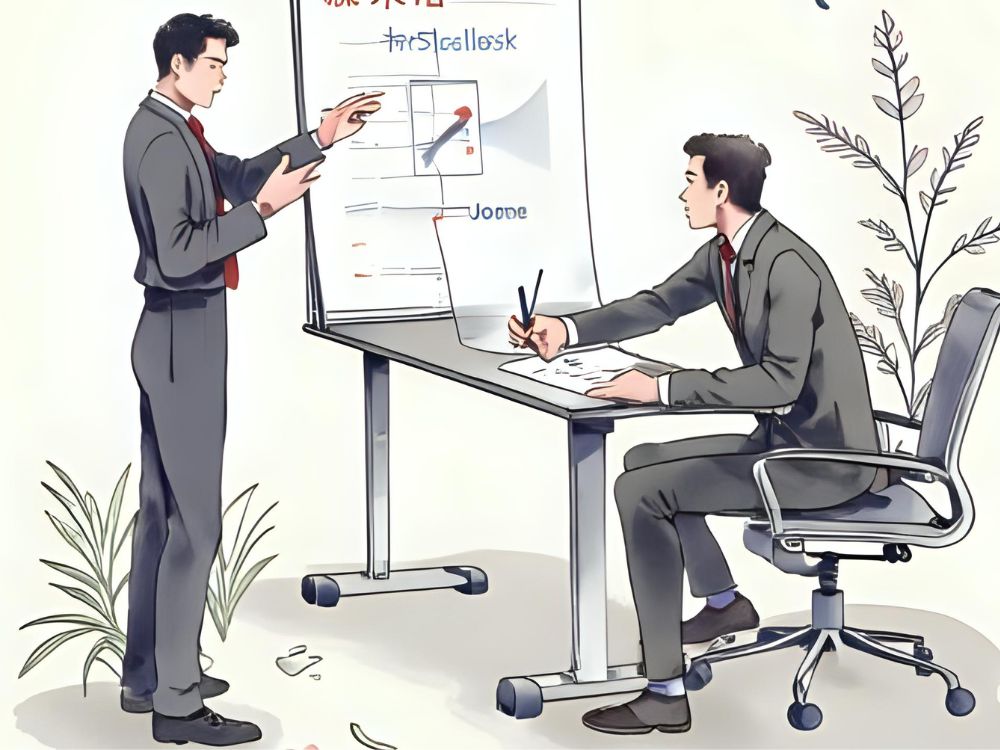 Dos hombres de negocios discuten estrategias de innovación social frente a una pizarra en una oficina.