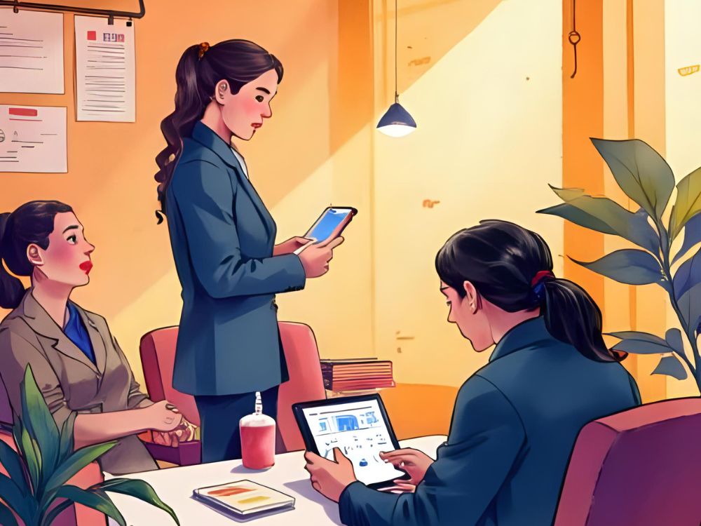 Tres mujeres profesionales colaboran en una reunión de oficina con tabletas y documentos.
