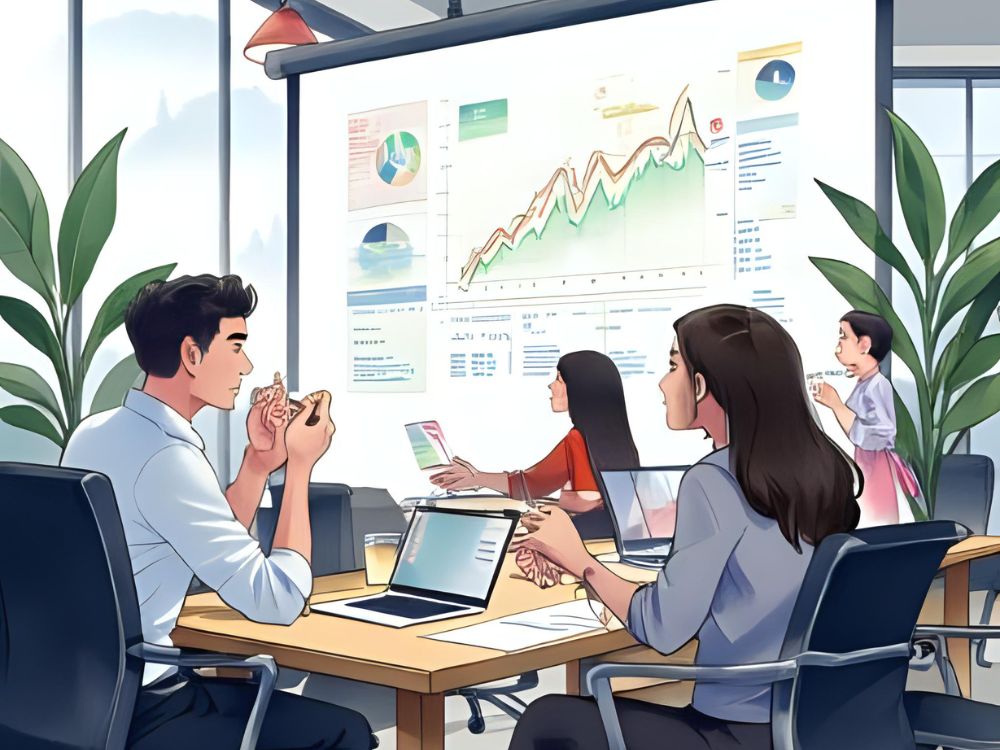 Grupo de profesionales analizando datos de confiabilidad en encuestas de empleados en una sala de reuniones.