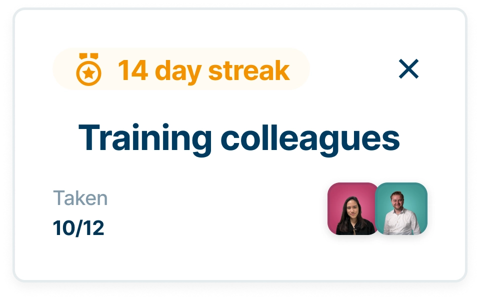 Dashboardkaart met de titel 'Inwerken van collega’s', een 14-dagen streak en 10 van de 12 taken voltooid.