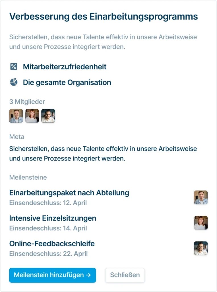 Dashboard-Element mit einer Projektübersicht zur Verbesserung des Onboarding-Prozesses, einschließlich Zielen, Teammitgliedern und geplanten Meilensteinen mit Fristen.