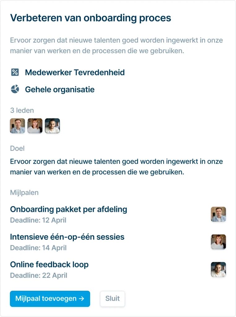 Dashboardweergave van het onboardingproject met doelstelling, teamleden en drie mijlpalen met deadlines.